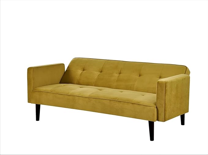 72 Velvet Convertible Sofa Bed - Retro Modern Folding Futon Sleeper w/Tufted Upholstery - Space-Saving Couch for Apartments/Dorms (72 x 34.6 x 30.25) Golden Yellow