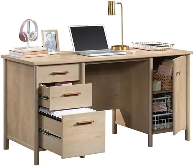 Pemberly Row Contemporary Engineered Wood Desk Natural Maple Finish 3 Drawers with File Storage Adjustable Shelf 2 Cord Pass-Throughs BIFMA Certified Home Office Computer Desk Versatile