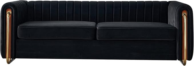 kevinplus 84.2'' Velvet Chesterfield Sofa Couch for Living Room Modern Luxury 3-Seat Upholstered Sofa Couch for Apartment Bedroom Dorm Office Strong Gold Metal Legs (Channel Backrest Black)