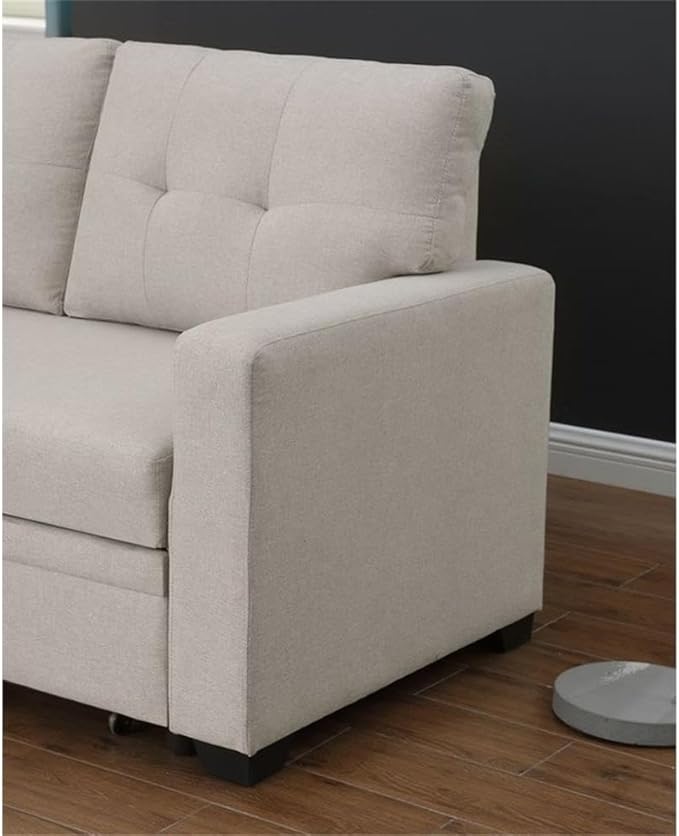Devion Furniture L-Shaped Polyester Fabric Reversible Easy Convertible Pull-Out Sleeper Sectional Sofa/Storage Chaise with Tufted Back Cushions and Track Arms in Beige