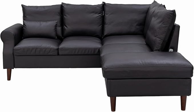 Panana Upholstered Sofa Couch Linen Fabric/Artificial Leather L Shaped Corner Sectional Modern Living Room Sofa (Black Faux Leather 5 seat Right Corner with Built-in USB Port)