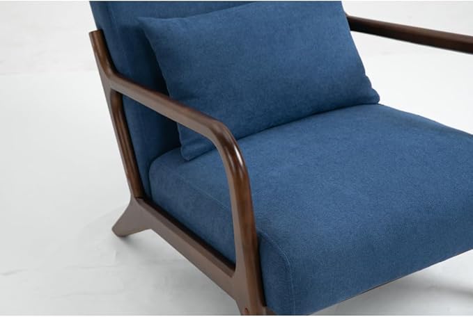 Mid Century Modern Accent Chair with Wood Frame Upholstered Living Room Chairs with Waist Cushion Reading Armchair for Bedroom Sunroom (Blue + Velvet + Cotton)