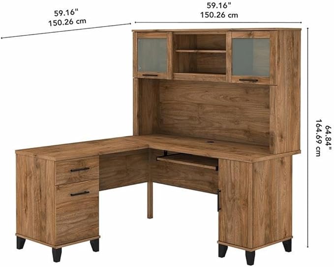 Pemberly Row 60W L Shaped Desk with Hutch Fresh Walnut Finish Engineered Wood Keyboard Tray Storage Cabinet File Drawer Adjustable Shelf Home Office Desk for Computer and Organization