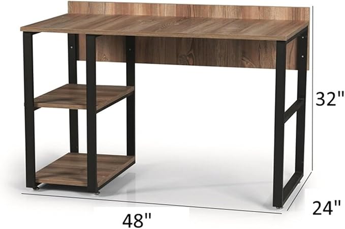 Epinki Black Metal Frame 58 Looden Top 2 Shelves Writing and Computer Desk for Home Office Oak