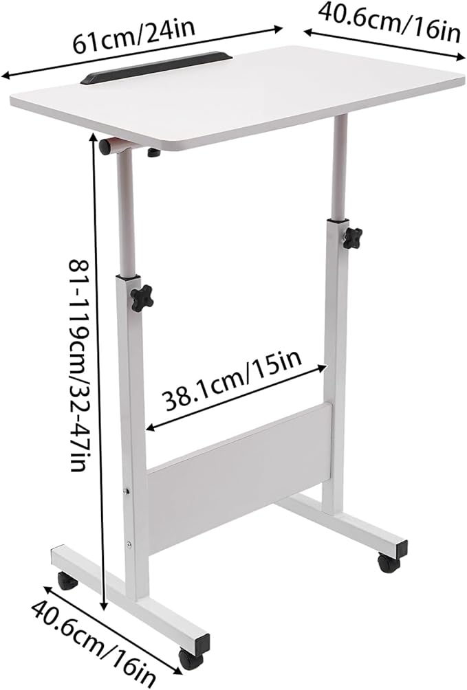 Small Standing Desk with Wheels Adjustable Height Laptop Rolling Stand Up Table Portable Mobile Book Stopper Workstation Desk for Home Office (16×24 - White)