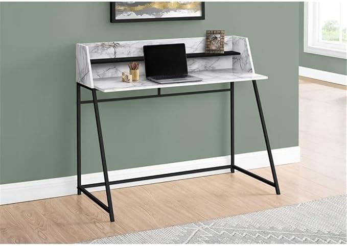 Pemberly Row 48 in Computer Desk White Marble Look Laminate Black Metal Base Hutch with Shelf Contemporary Home Office Laptop or Writing Table Compact Space-Saving Design