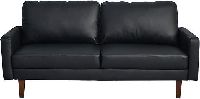 Faux Leather Sofa Mid-Century Modern Couch with Wooden Legs for Living Room Office Black