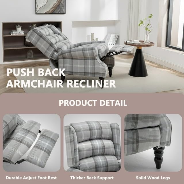 Upholstered Wingback Recliner Chair Plaid Recliner Chair Armchair Adjustable Footrest Push Back Reclining Sofa Mid-Century Modern Lounge Armchair for Living Room Bedroom Reading - Blue