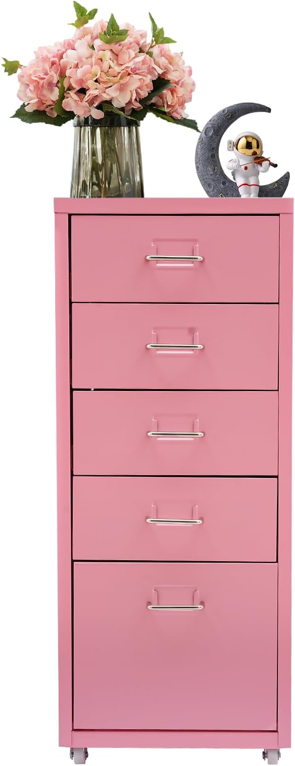Metal File Storage CabinetSide Storage OrganizerFreestanding Storage UnitMetal Garage Storage DrawerStorage Cabinet with 5 Drawers and Wheels for OfficeHomeSchoolPink11 * 16.1 * 27.1in