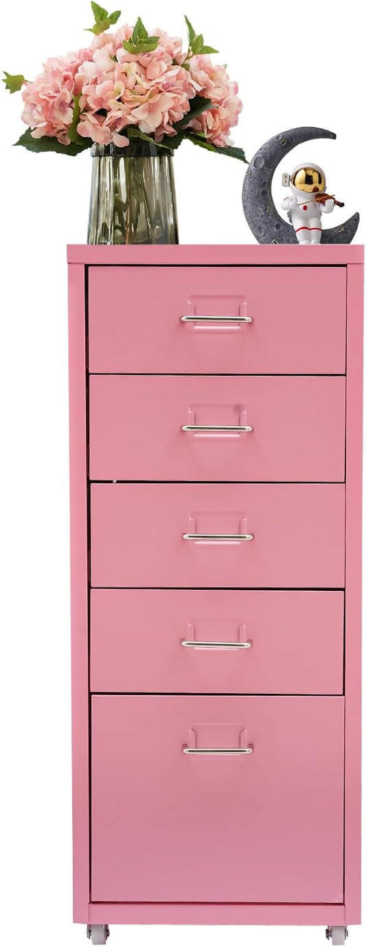 Metal File Storage CabinetSide Storage OrganizerFreestanding Storage UnitMetal Garage Storage DrawerStorage Cabinet with 5 Drawers and Wheels for OfficeHomeSchoolPink11 * 16.1 * 27.1in