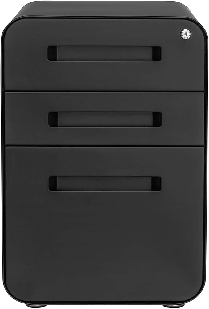 Laura Davidson Furniture Stockpile 3 Drawer File Cabinet with Lock - Under Office Desk Metal Filing Cabinet Legal/Letter File Folders Wheels and Stationary Feet Pre-Assembled Black