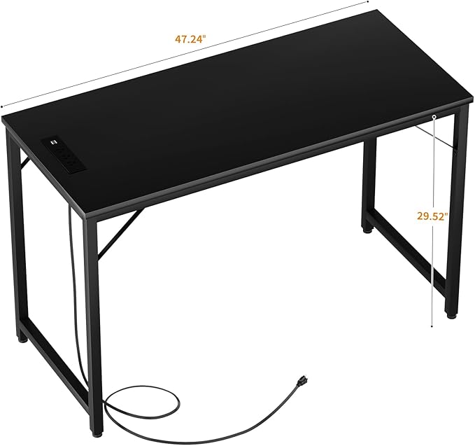 47 Inch Computer Desk with Magic Power Outlets and USB Charging Ports Modern Home Office Desks Sturdy Simple Writing Table Laptop PC Gaming Desk for Bedroom Workstation Black 2 Pack