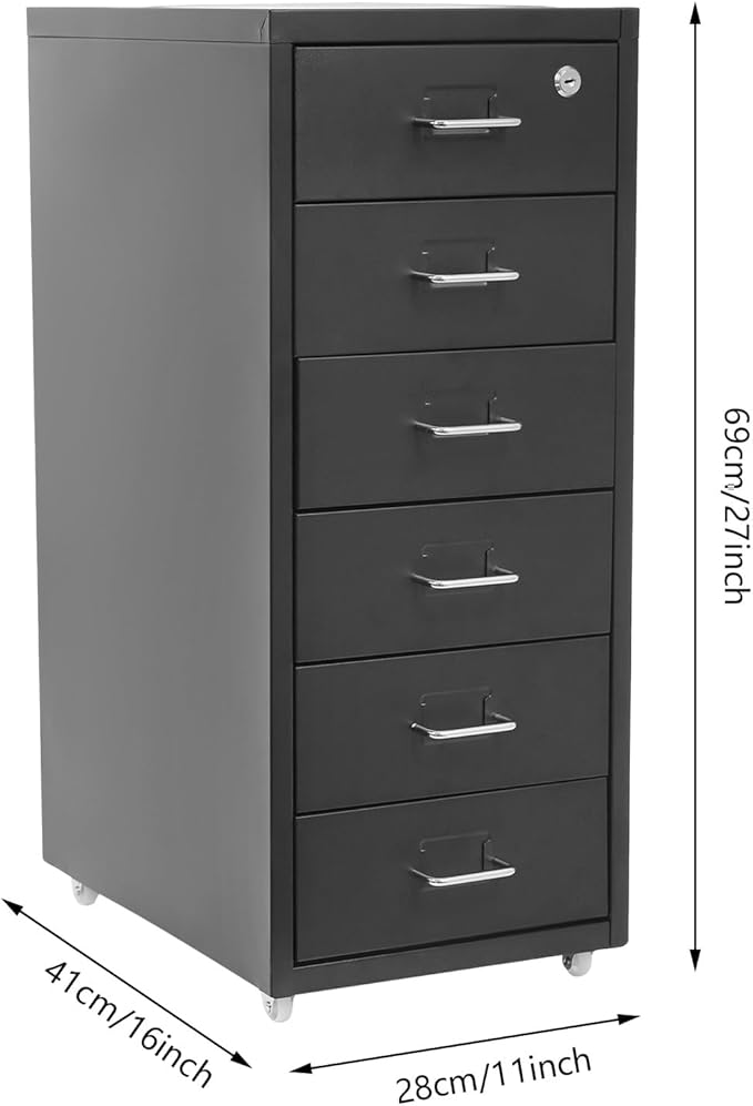 6-Drawer Vertical Filing Cabinet with Lock Mobile Vertical File Cabinet with Wheels Black Office Organizer for Documents Home Office Rolling File Cabinet