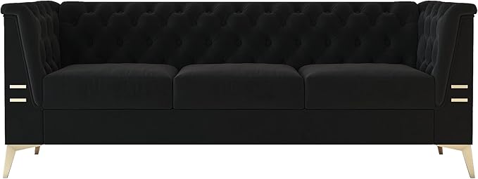 Black Chesterfield Velvet Couch for Living Room3 Seater Tufted Sofa with Gold Metal Legs Large Upholstered Comfy Couch (Black 82)