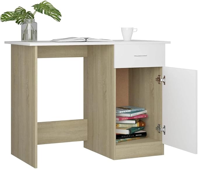Modern Writing Computer Desk with a Drawer and a Door Home Office Desk Writing Study Table PC Desk Workstation for Bedroom White and Sonoma Oak 39.4x19.7x29.9 Engineered Wood(E)