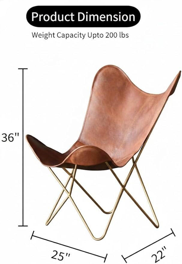 Shy Shy Let’s Touch The Sky Leather Living Room Chairs-Butterfly Chair Brown Leather Butterfly Chair-Handmade with Powder Coated Iron Frame (Cover with Folding Frame) (Golden Frame)
