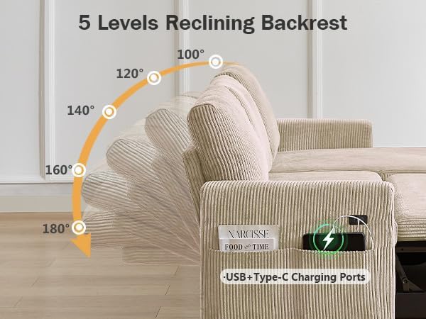 Vipbear 104 Sectional Sleeper Sofa Bed with Pull Out Bed U Shaped Couch Pull Out Couch with Reclining Backrest Reversible Storage Chaise USB Ports Tool-Free Assembly Corduroy Beige