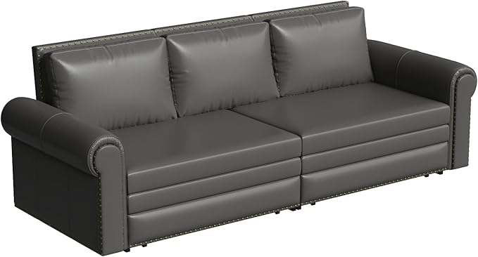 93.7 King Size Chesterfield 3-seat Pull Out Sofa Bed Leather Sofa Bed with Nailhead Trim and Rolled Arm 3-in-1 Sofa Sleeper for Living Room Apartment Office Grey