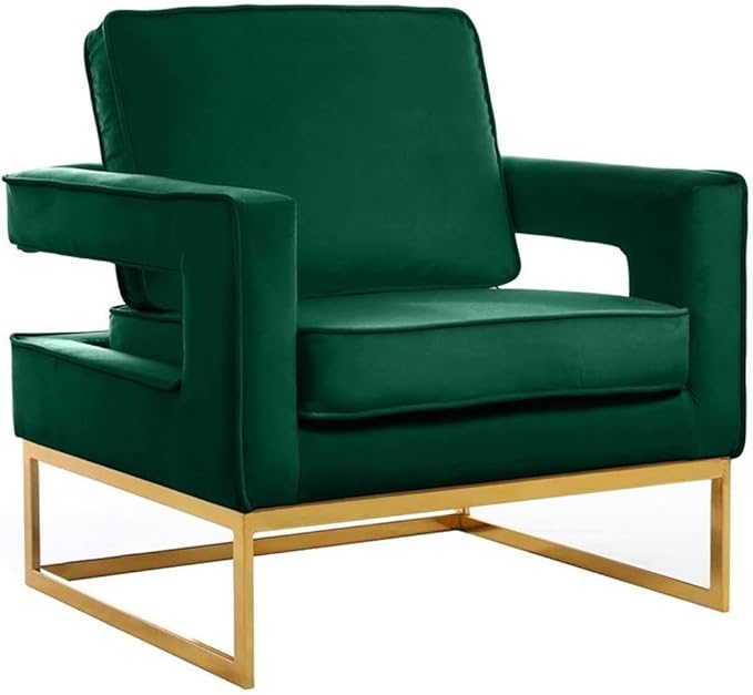 Pemberly Row Modern Accent Chair Green Velvet Upholstery Gold Iron Base 33 W x 29 D x 35 H Solid Wood Frame Padded High-Density Foam Cushion Stylish Living Room or Bedroom Seating