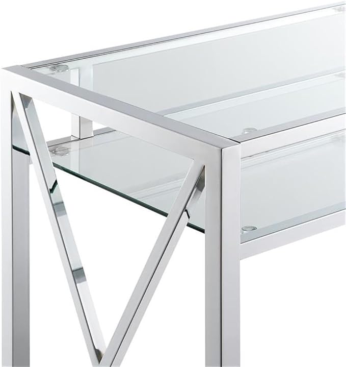 Pemberly Row 42-Inch Desk Clear Tempered Glass Desktop Chrome Metal Frame Additional Storage Shelf Modern Home Office Desk 42 x 16 x 30 Inches Stylish Workspace Furniture
