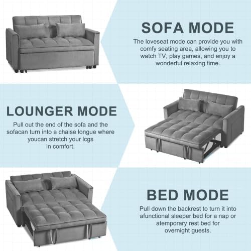 Modern Velvet Sofa Bed with 3-Level Adjustable Backrest &amp Included Pillows Pull Out Convertible Sleeper Chair with High Density Foam for Small Spaces (Dark Gray)