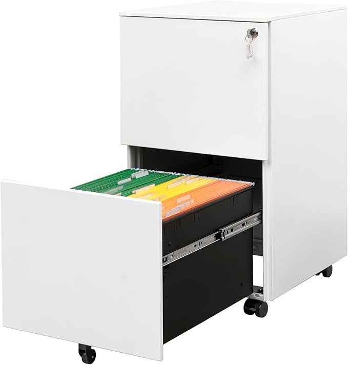 JULYFOX 2 Drawers Mobile File Cabinet W/Lock 27.2 inch White Steel Filing Cabinet on Casters with 2 Keys Fully Extension Drawers Letter Legal A4 Size 300 lb Heavy Duty-White