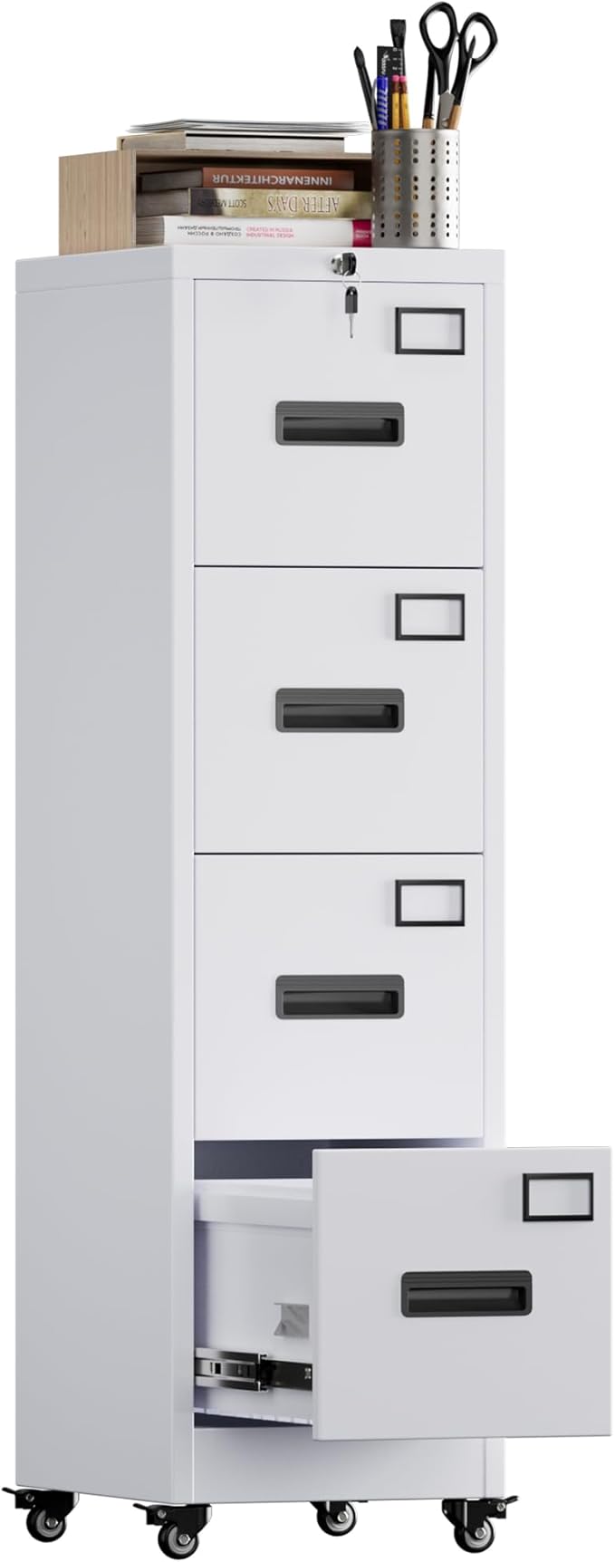 METAN 4 Drawer File Cabinet on Wheels Lockable Metal Filing Cabinet with Handle and Name Card for Office HomeAssembly RequiredWhite