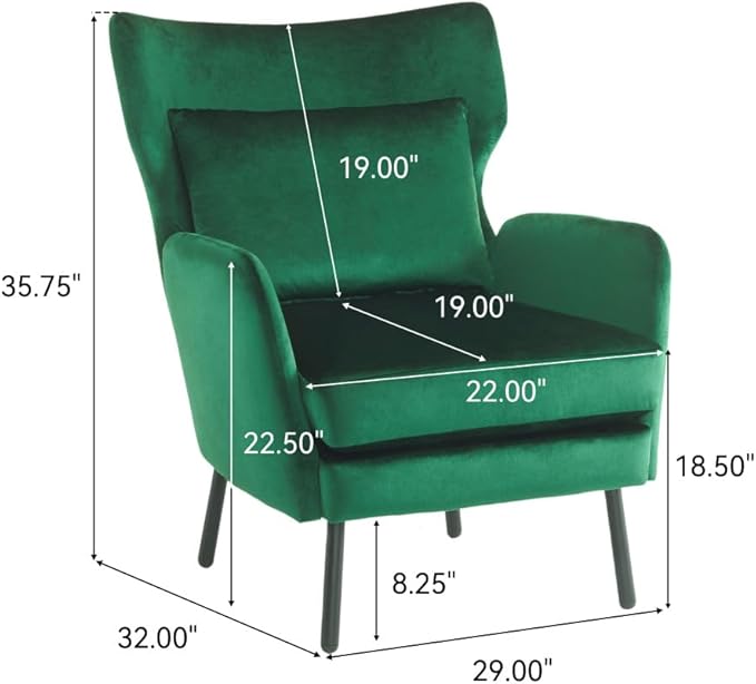 Chair reclinerWingback Velvet Accent Chair Modern Upholstered Armchair for Living Room Bedroom and Reception Area Comfortable Single Sofa Chair with Metal Legs and Pillow (Green + Velvet)