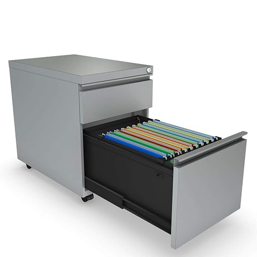 OfficeSource - 2 Drawer Locking Metal Pedestal Filing Cabinet Silver Anti-Tip Castors Home or Office Underdeck Storage (CPSBFSI)