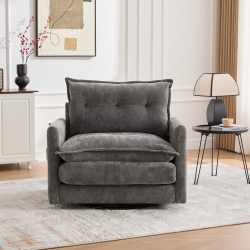 Swivel Accent Chair 360° Rotation Chenille Upholstered Leisure Armchair with Lumbar Pillow Thick Padded Arm Chair with Metal Base Single Sofa Chair for Living Room BedroomOffice (Gray)