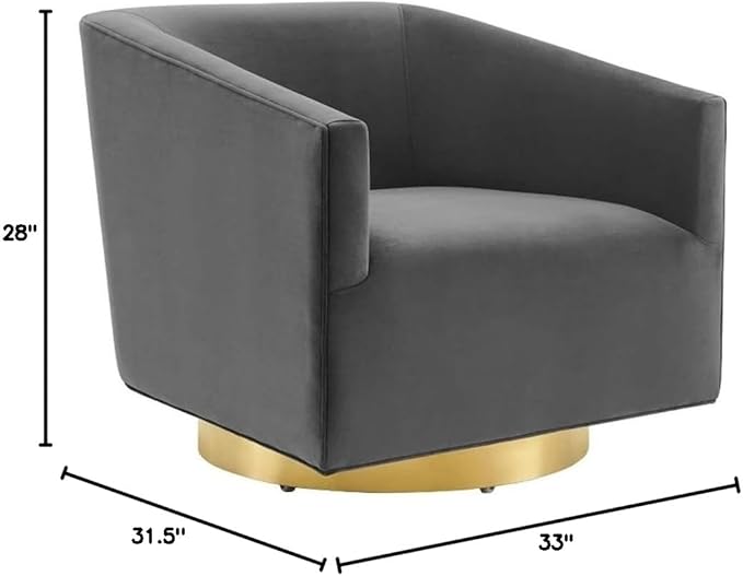 Pemberly Row Performance Velvet Swivel Chair 28H x 31.5W x 33D Brushed Gold Metal Base Stain-Resistant Charcoal Upholstery Dense Foam Padding Barrel Back Design for Living Room or Lounge Use