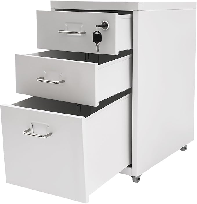 3-Layer Vertical File Cabinet Metal Mobile File Cabinet with Lock with Wheel White