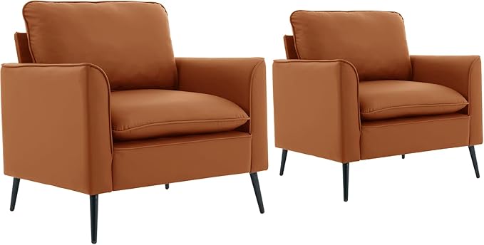 YISHENG Mid-Century Modern Living Room Accent Chairs Set of 2 - Oversized Faux Leather Armchairs with Removable Cushions &amp Metal Legs Comfortable Sofas for Office/Lounge/Bedroom/Reception（Brown）