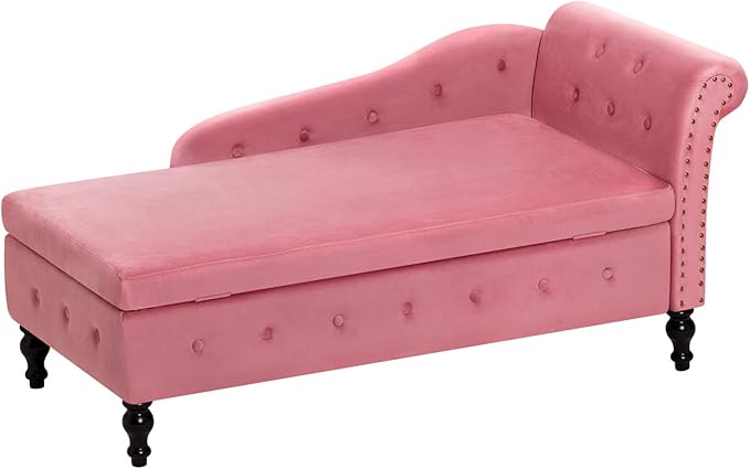 Upholstered Chaise Lounge with Right Armrest &amp Lumbar PillowButton Tufted Lounge Sofa with StorageLounge Chair IndoorModern Velvet Lounge Chair for Bedroom Living Room and OfficePink