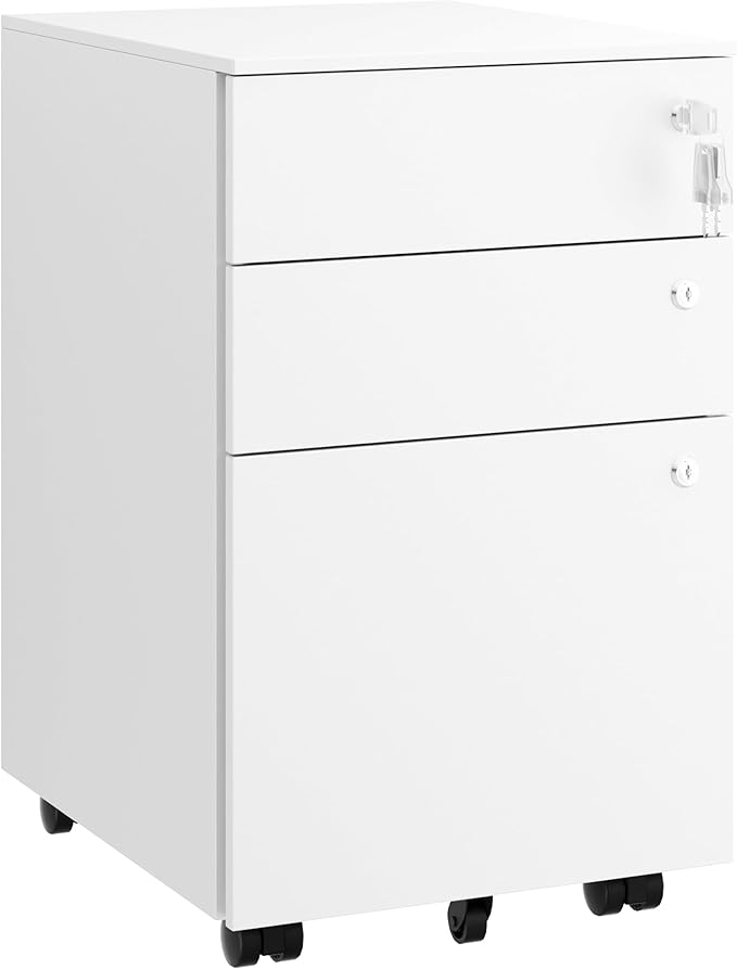 Mobile File Cabinet with 3 Locks 3 Drawer File Cabinets for Home Office Under Desk Metal Filing Cabinet for A4/Letter/Legal Lockable Fully Assembled Except castors White