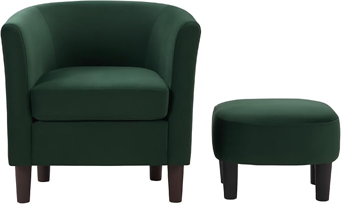 Velvet Accent Chair with Ottoman Modern Barrel Armchair Plush Lounge Chair for Living Room Bedroom Reading Nook 4 Colors (Green)