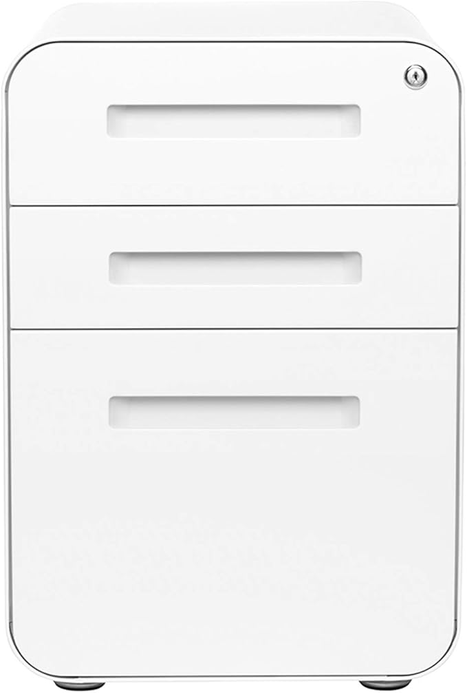 Laura Davidson Furniture Stockpile 3 Drawer File Cabinet with Lock - Under Office Desk Metal Filing Cabinet Legal/Letter File Folders Wheels and Stationary Feet Pre-Assembled White