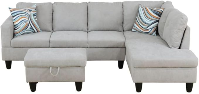 Grey White L-Shaped 3-Piece Flannelette Sofa with Storage Ottoman Set Sectional Couch Sofa Set for Living Room Office Small Space