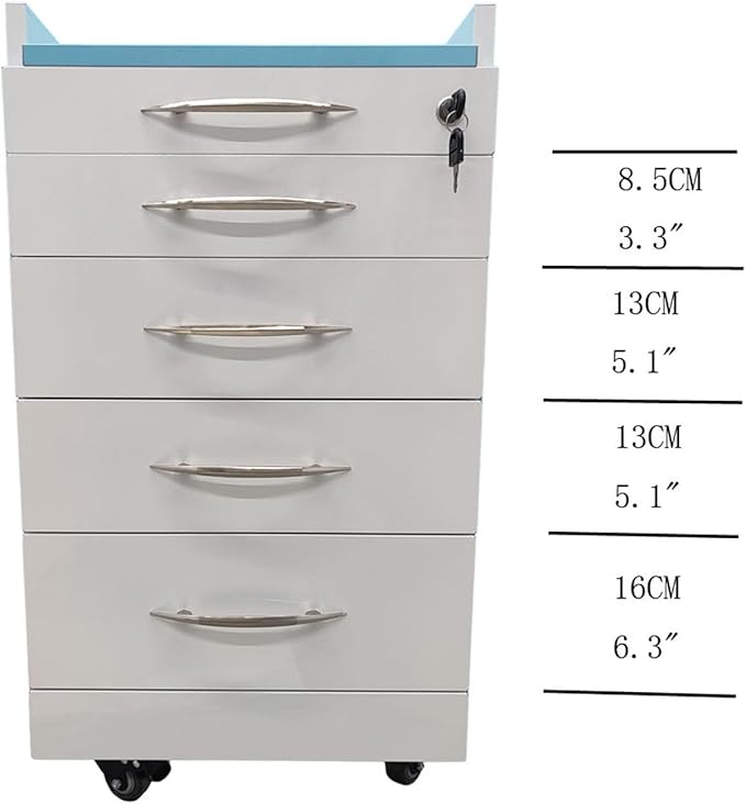 4 Drawers Mobile Office File Storage Cabinet Stainless Steel Dental Medical Assistant Cabinet Utility Cart Stainless Steel Countertop with Lock Storage Tray and Wheels for Office Hospital