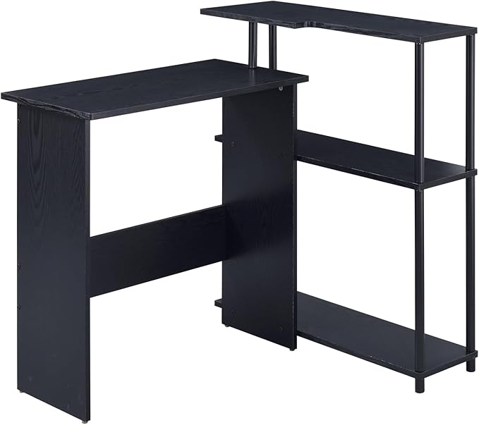 Black Office Desk with 3-Tier Bookshelf - Modern Wood &amp Metal Compact Workspace