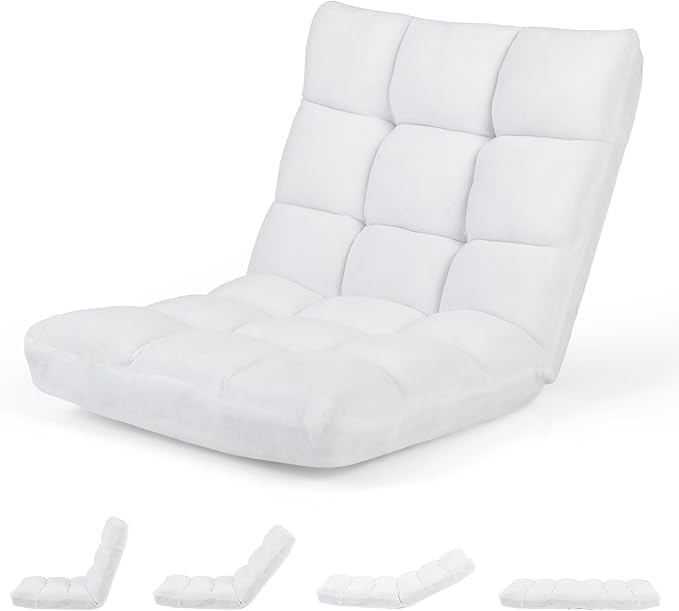 Moccha 14-Position Floor Sofa Folding Sofa Chair with Back Support Memory Foam Floor Gaming Chairs for Adults Adjustable Padded Couch Recliner Chaise Lounge for Reading Meditating (White)