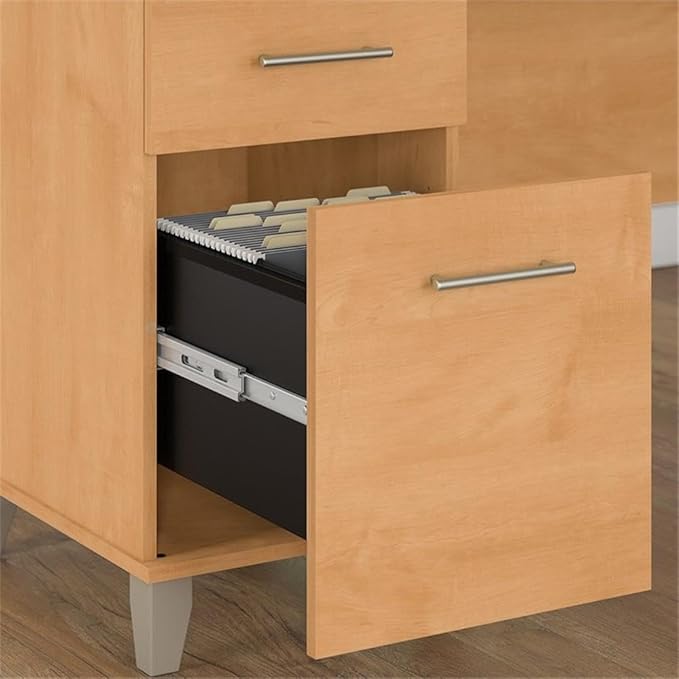 Pemberly Row 72W Sit to Stand L Shaped Desk Maple Cross Finish Adjustable Height 37-43 in Lift-n-Lock System File Drawer Wire Management Ergonomic Office Desk for Workplace or Home Office Use