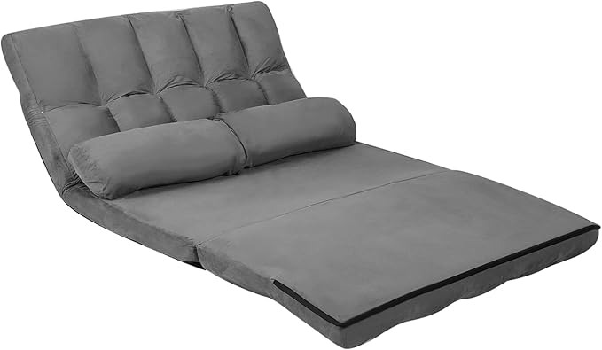 COSTWAY Floor Sofa Couch with 2 Pillows Foldable 6-Position Adjustable Lazy Sofa Bed Sleeper with Metal Frame Soft Suede Fabric Gaming Playing Lounge Recliner for Adults (Grey)