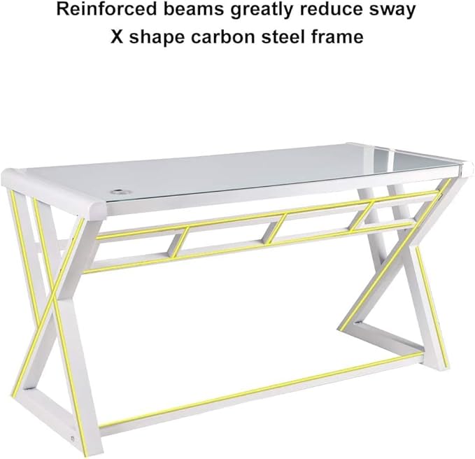 BINGTOO 55.1 Glass Top Computer Desk with Metal Frame - Modern Simple Workstation for Home Office Gaming Writing Study &amp Work White