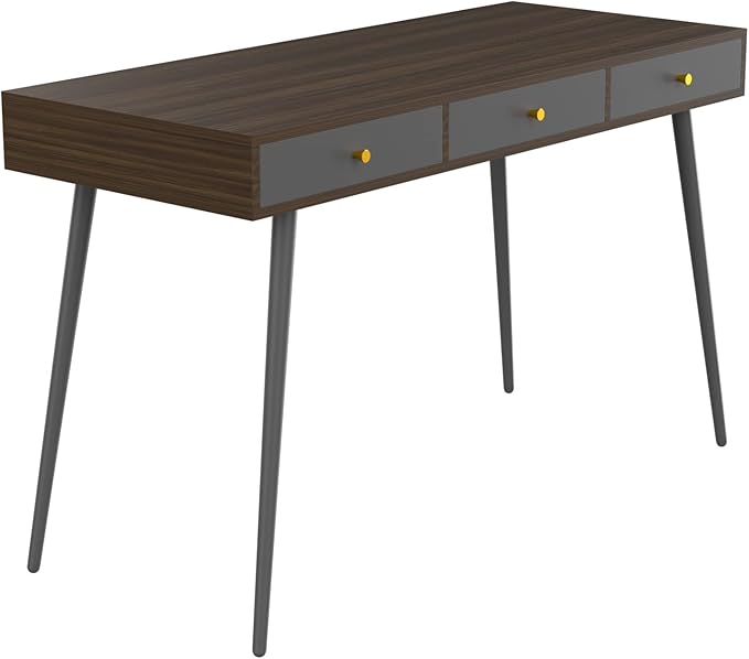 Update Writing Desk 47 with 3 Drawers|Modern Mid Century Desk for Home Office (Walnut + Dark Grey)