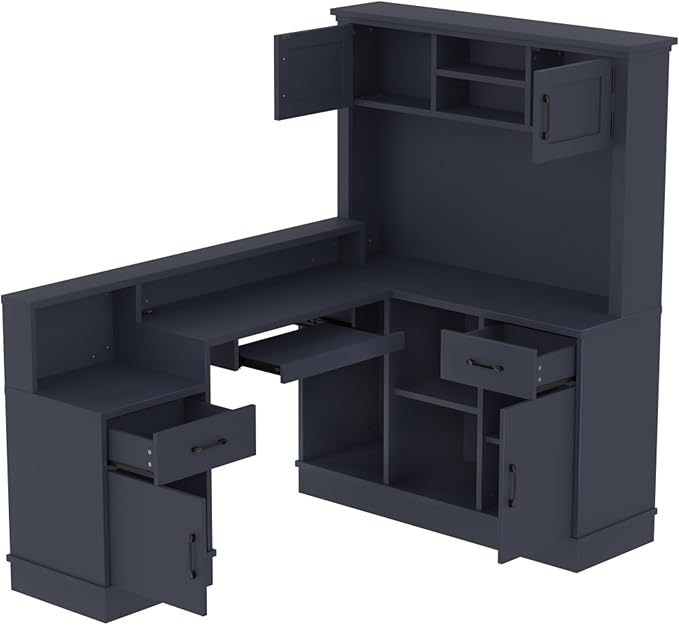 L-Shaped Home Office Desk with Storage Drawers Shelves and Cabinet Study Table Gaming Computer Desk with Keyboard Tray for Apartroom Living Room Blue