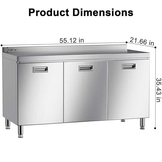 ZZV 55 x 21 Stainless Steel Table Cabinet for Prep &amp Work Heavy Duty Prep Table with 3 Pull-Out Doors Commercial Workbench with Cabinet for Kitchen Restaurant Hotel Garage and Warehouse