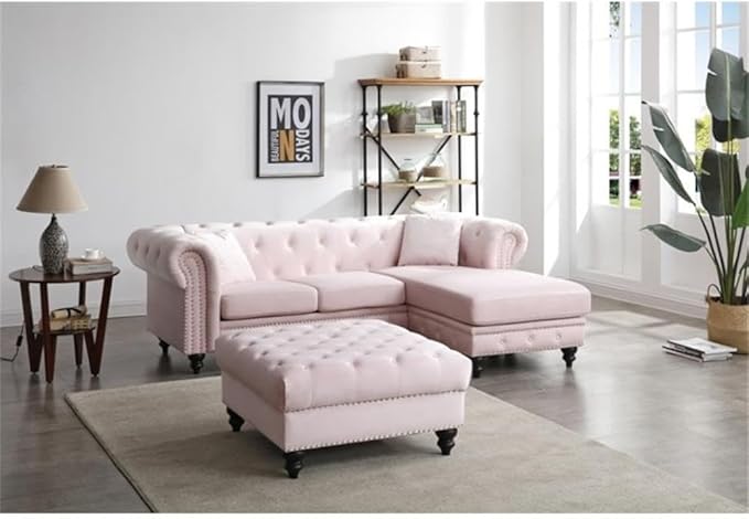 Glory Furniture Nola Velvet Sofa Chaise in Pink