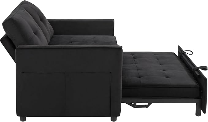 Sofa Bed Pull Out Couch with Side Pockets 3 in 1 Velvet Fabric Loveseat Sleeper Sofa Bed Pull Out Couch with Adjustable Backrest for Living Room Bedroom Apartment Black 53 Inch