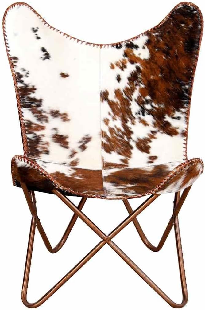 YAFF Brown &amp White Cowhide Leather Butterfly Chair – Ergonomic Comfort Iconic Style Lightweight &amp Durable Powder-Coated Iron Frame Perfect for Living Room Relaxation